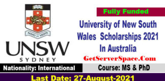University of New South Wales Graduate Scholarships 2021 In Australia
